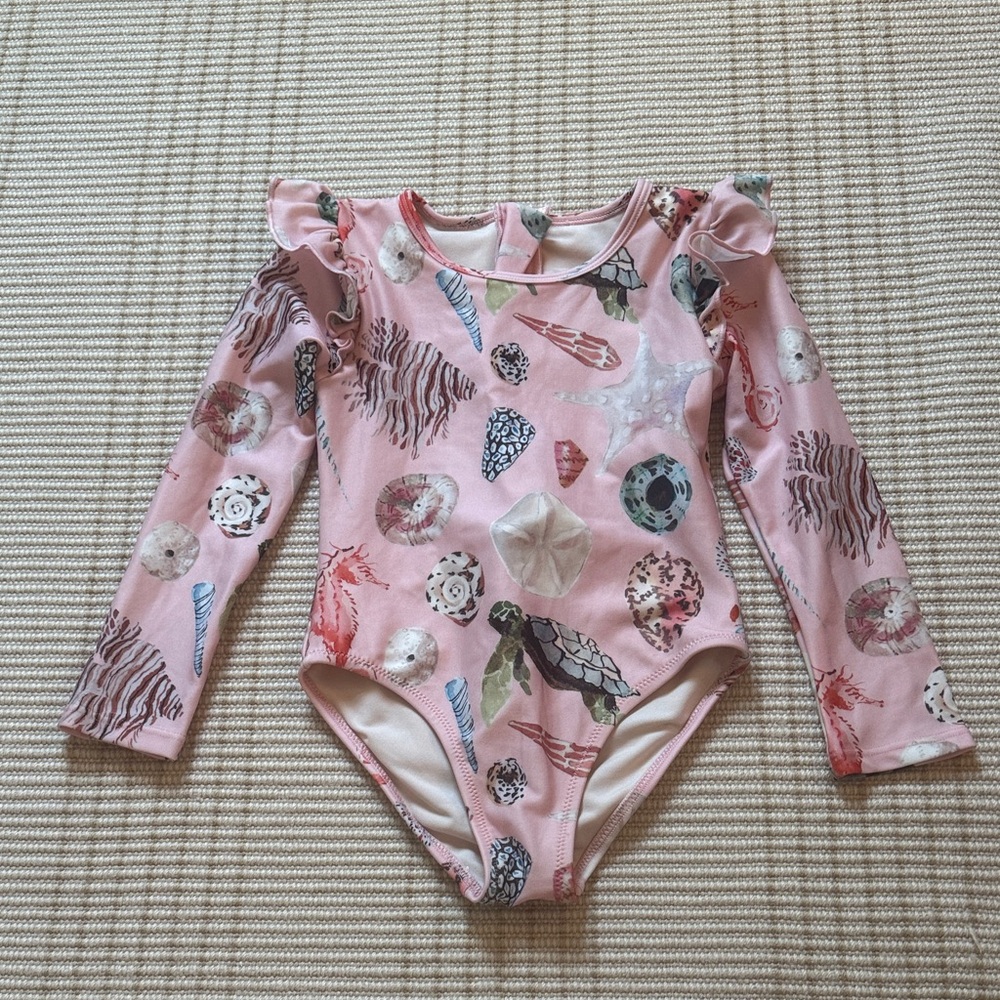Pink Chicken Seashell Print rashguard toddler swimsuit